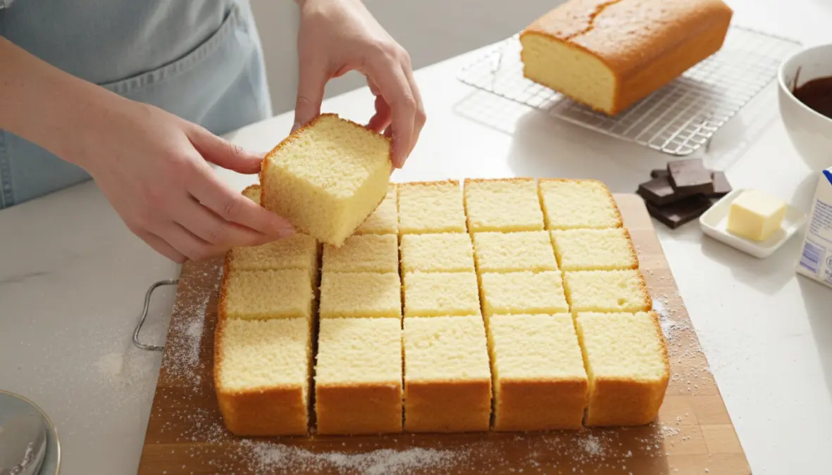 Making traditional Australian lamingtons recipe by dipping sponge cake in chocolate icing