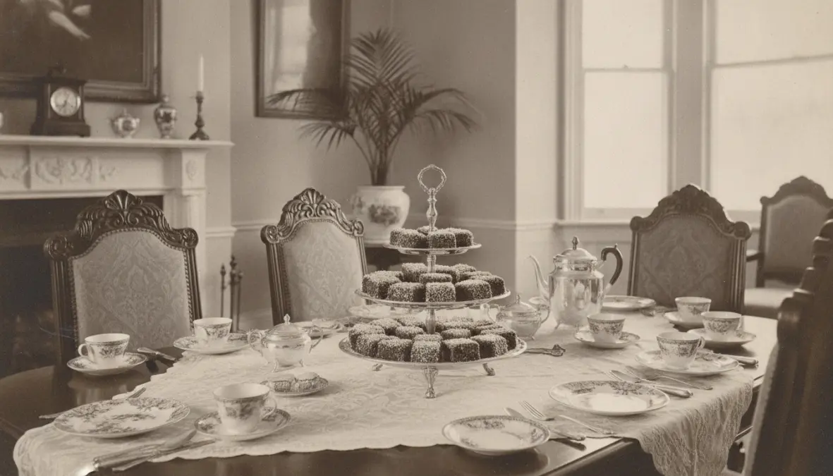 Colonial Australia afternoon tea setting featuring Queensland lamingtons historical tradition