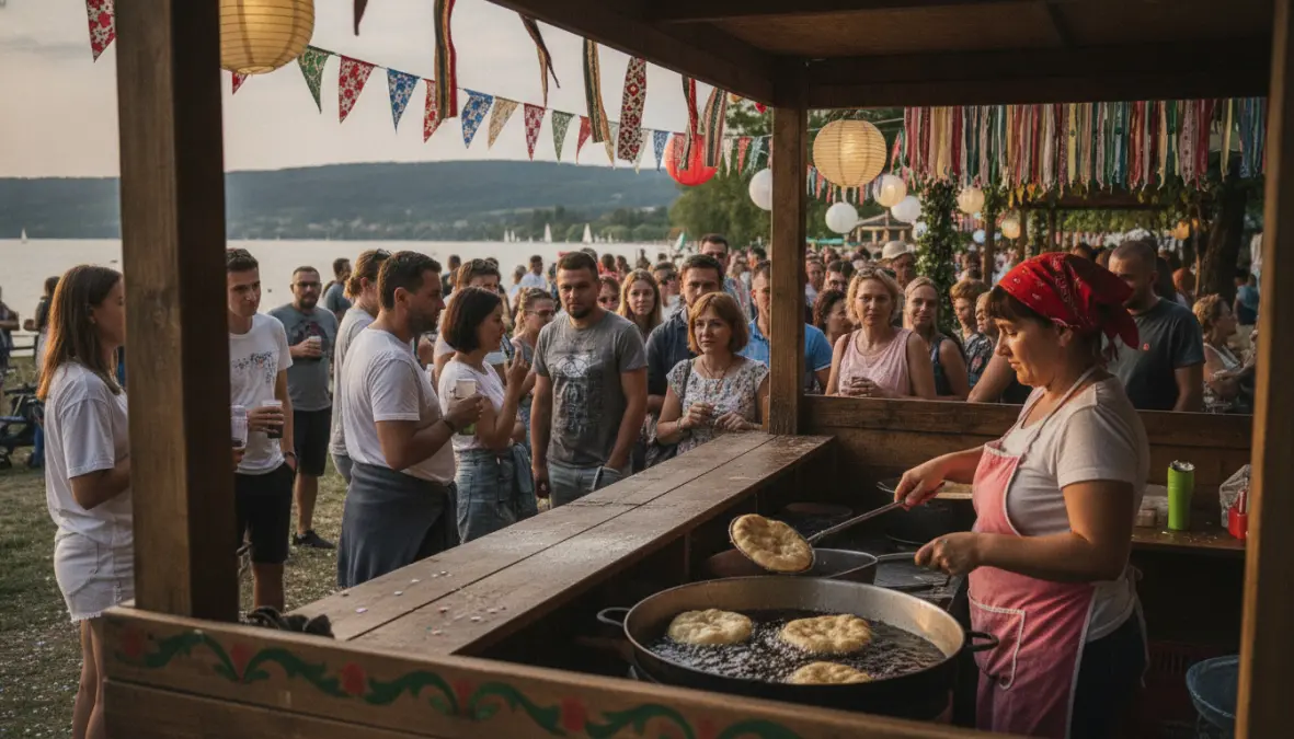 Hungarian street food vendor preparing langos at summer fair near Lake Balaton