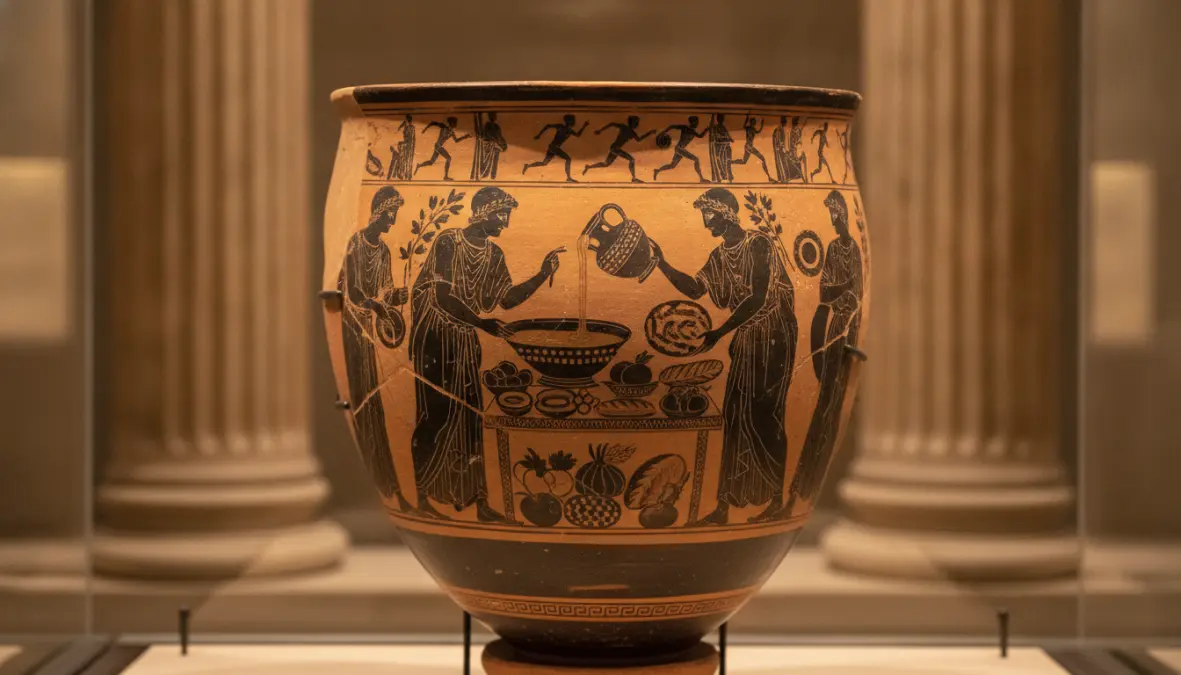 Ancient Greek artifacts depicting loukoumades history and olympic games food traditions