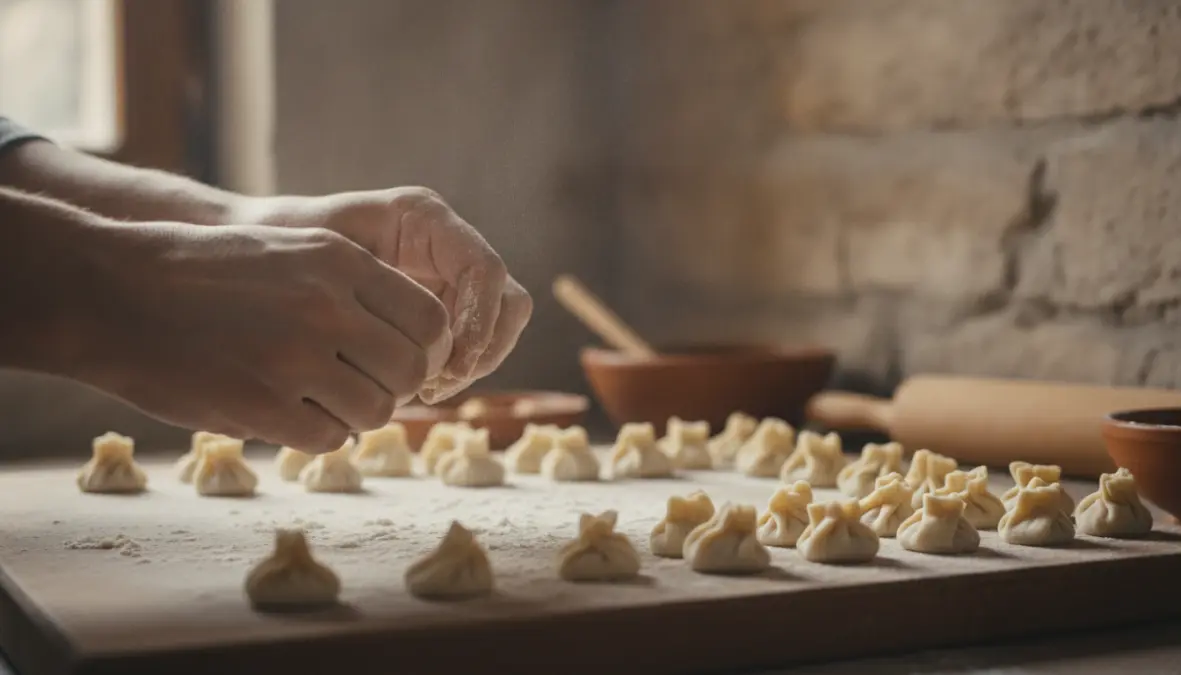 Hands demonstrating how to fold manti dumplings properly using traditional Turkish technique