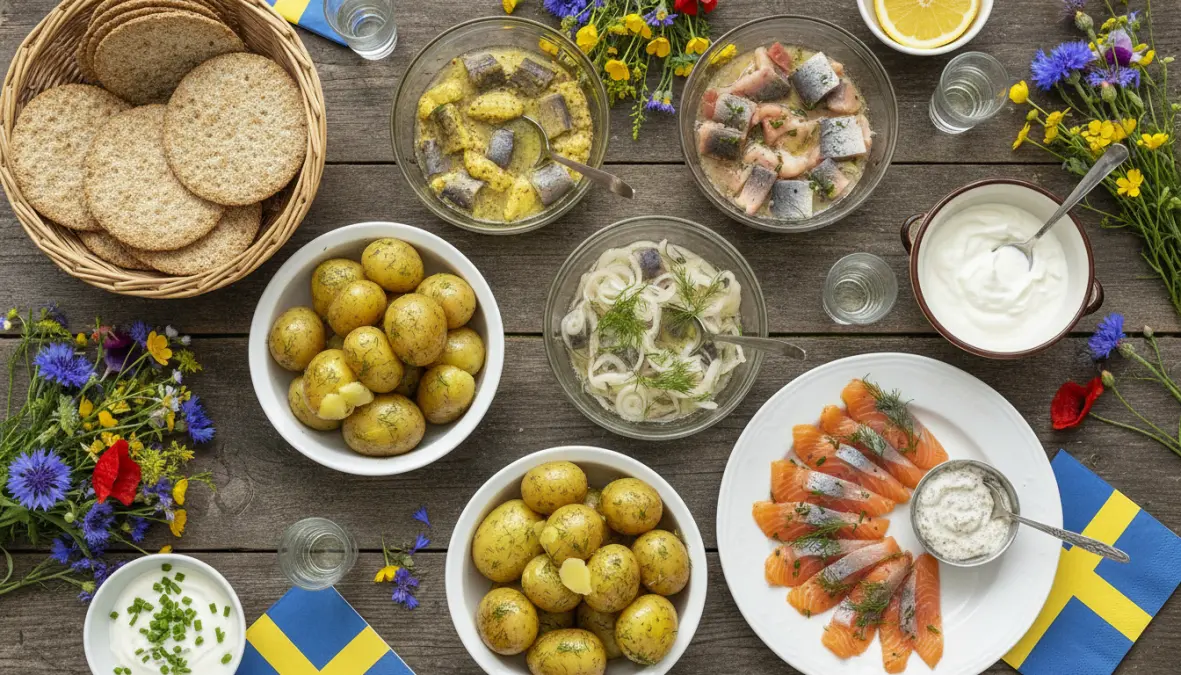 Traditional Swedish midsummer dishes including pickled herring, new potatoes with dill, and aquavit on festive table