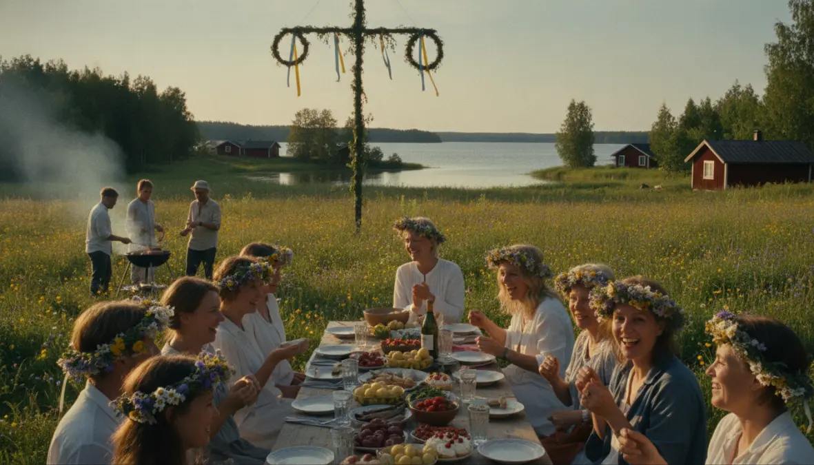 Nordic families celebrating midsummer outdoors with traditional food, maypole, and flower crowns during midnight sun festivities