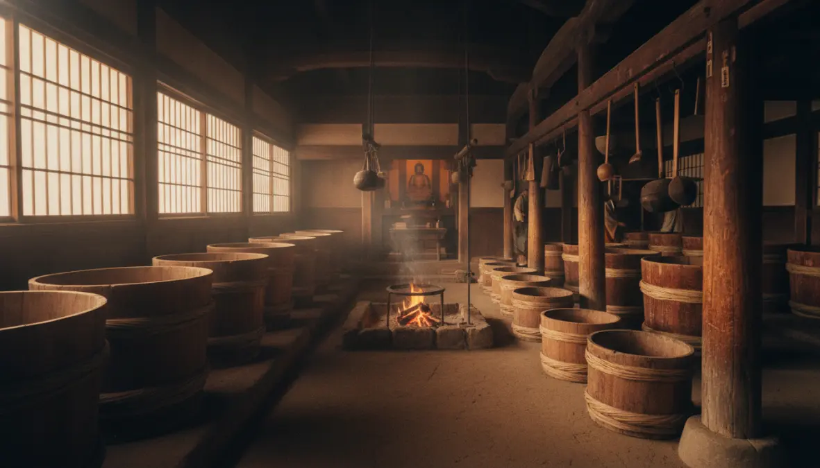 Ancient miso making in Buddhist temple showing traditional miso production and spiritual roots of Japanese fermented foods