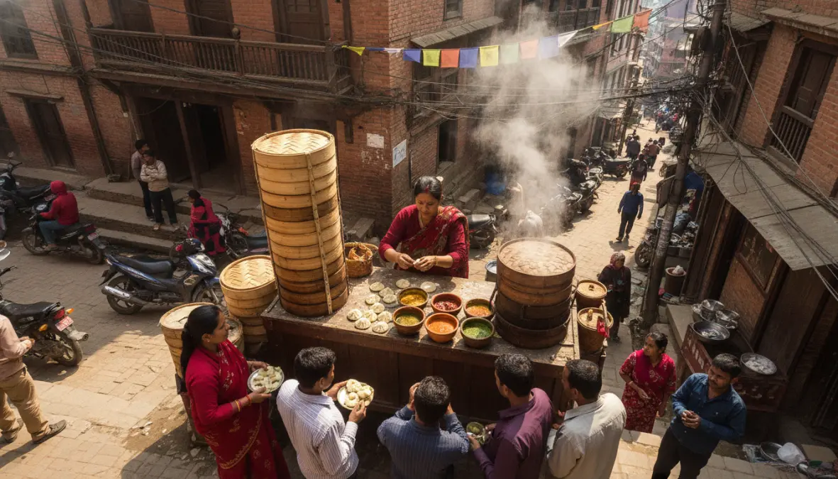 Nepalese street food vendor preparing traditional momos at outdoor stall in Kathmandu