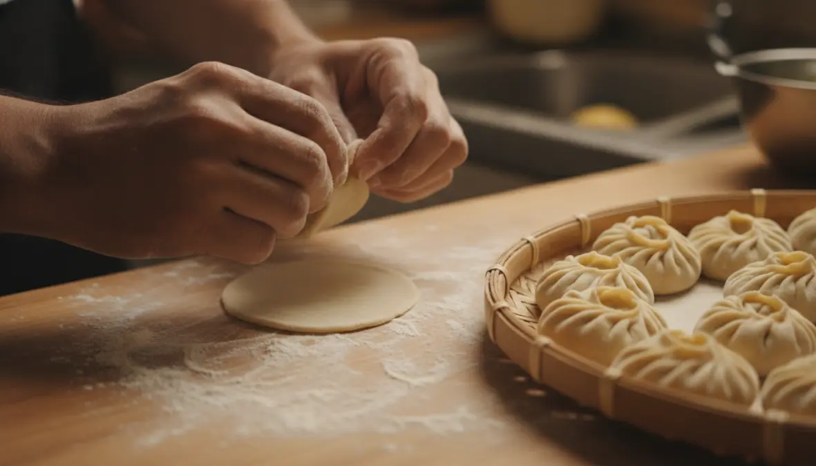 Traditional momo folding technique showing artisanal pleating method from Himalayan tradition