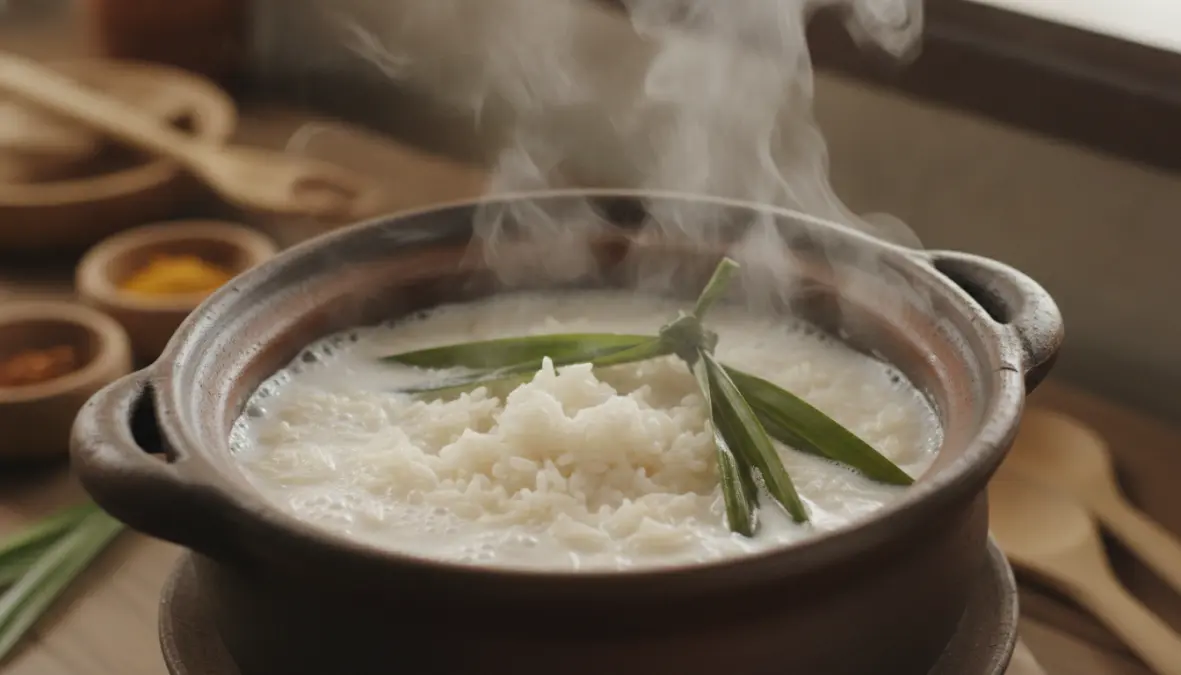 Coconut rice cooking with pandan leaves for authentic nasi lemak recipe
