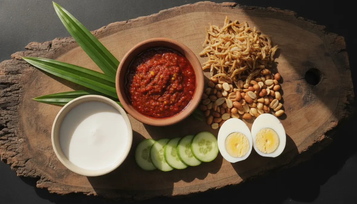 Traditional nasi lemak ingredients including sambal, ikan bilis, coconut milk, and pandan leaves