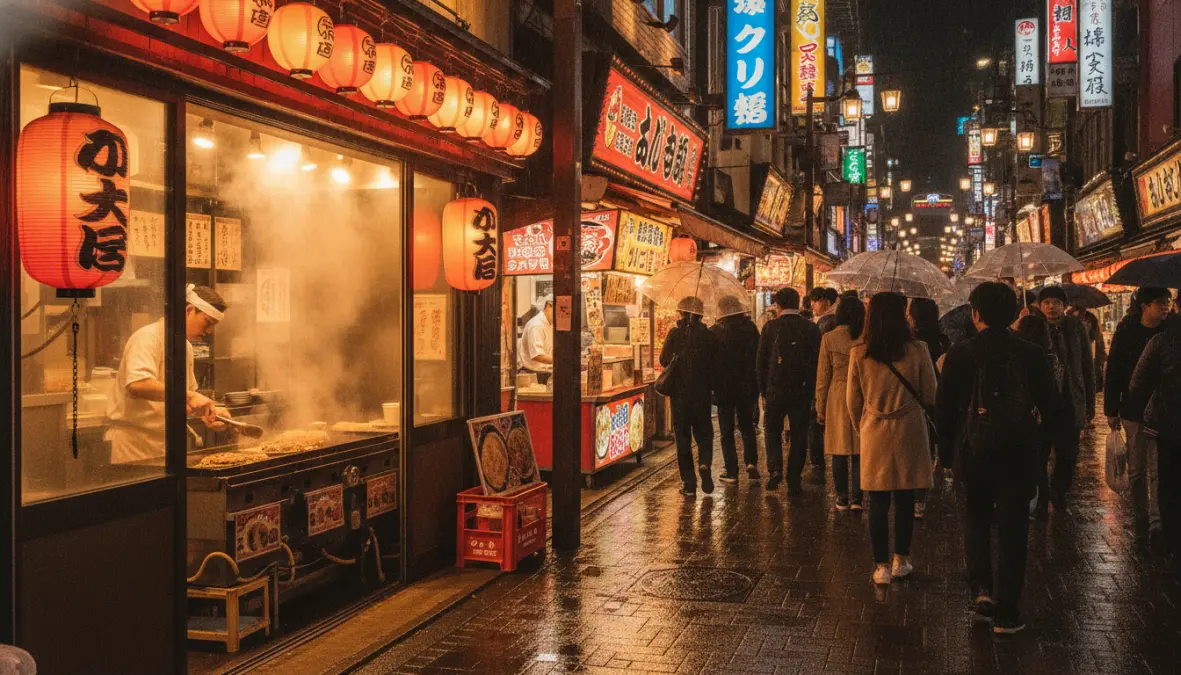 Busy Dotonbori street food scene in Osaka with okonomiyaki restaurant and teppanyaki grills