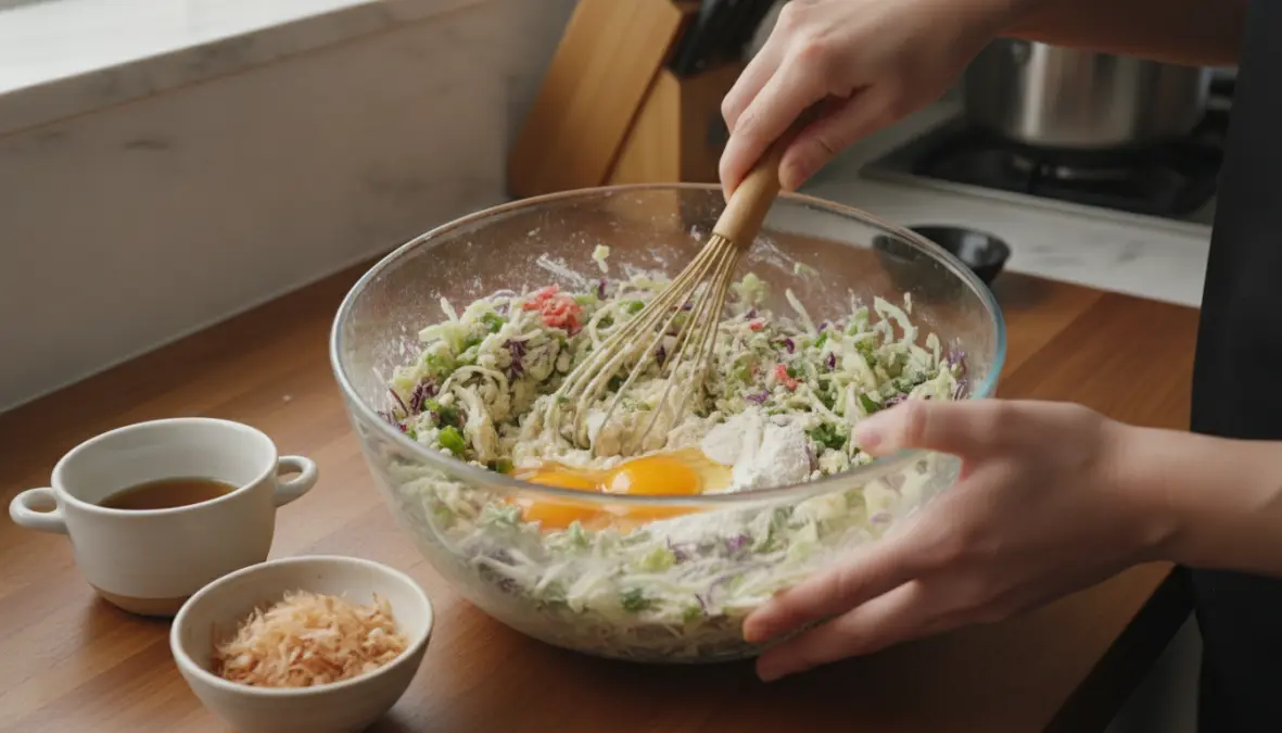 Traditional okonomiyaki ingredients and cooking technique on teppan grill showing authentic preparation