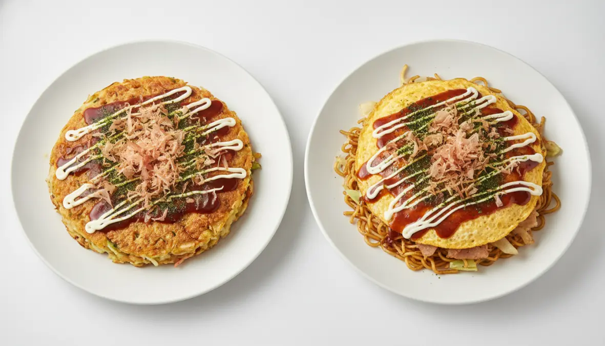 Visual comparison between Osaka-style and Hiroshima-style okonomiyaki showing regional differences