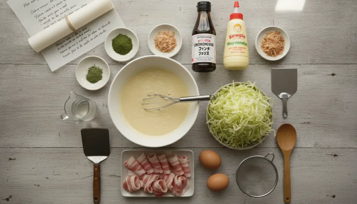 Essential okonomiyaki ingredients for making authentic Japanese savory pancake at home