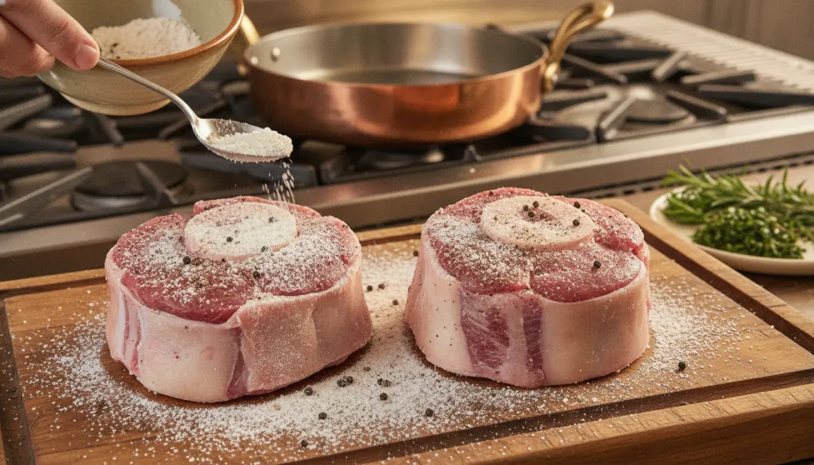 Braising technique for traditional Milanese osso buco showing proper cooking method and sauce consistency
