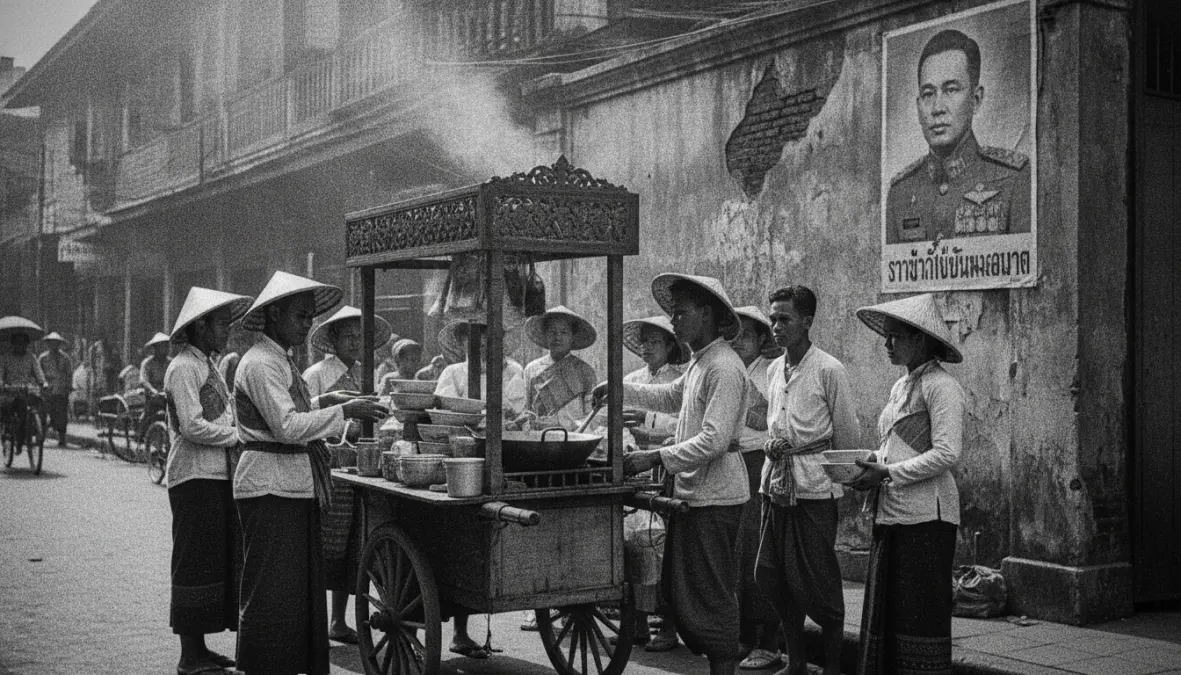 Vintage scene depicting 1930s Thailand during the pad thai government campaign era with street food vendors