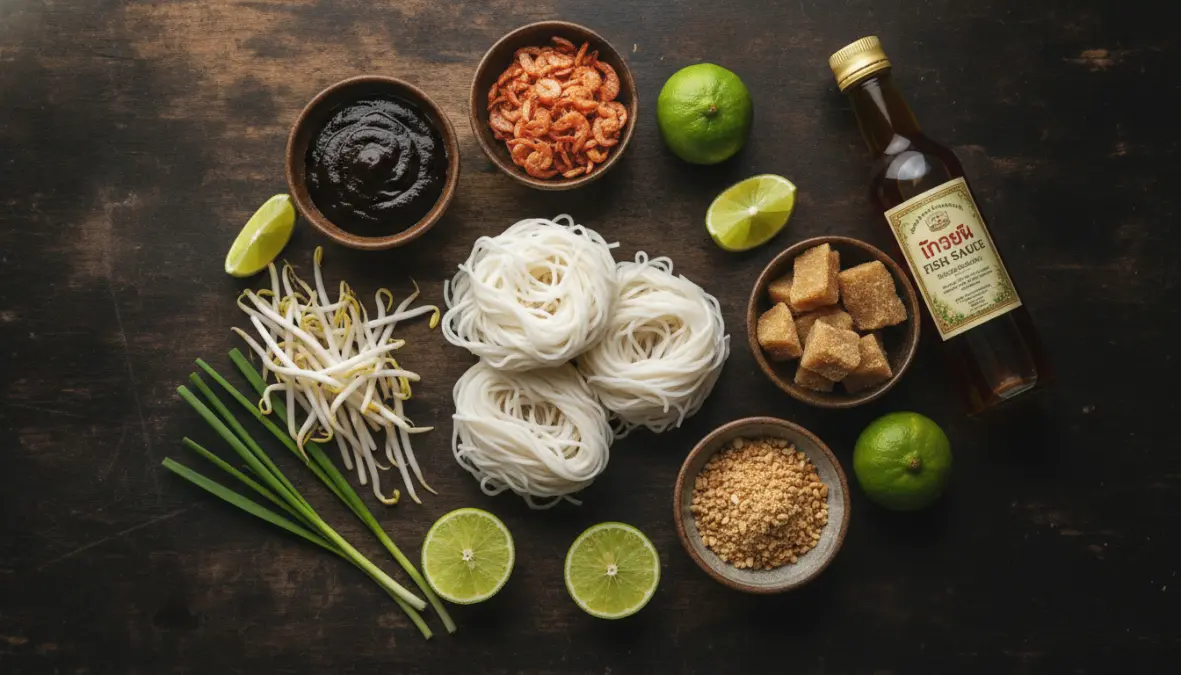 Traditional pad thai recipe ingredients including tamarind, fish sauce, rice noodles, and palm sugar arranged together