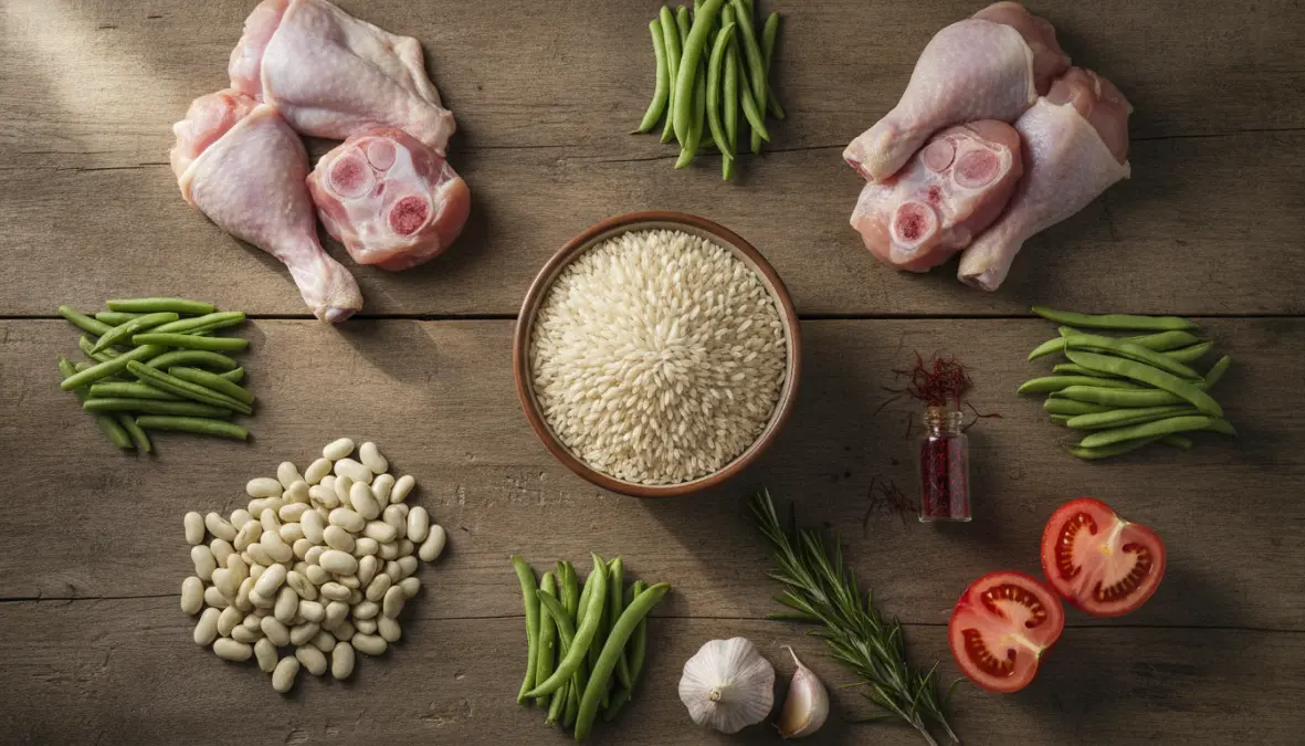 Traditional paella valenciana ingredients including bomba rice, rabbit, chicken, garrofó beans and saffron