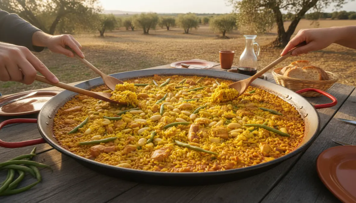Completed authentic valencian paella recipe with golden socarrat crust and traditional ingredients