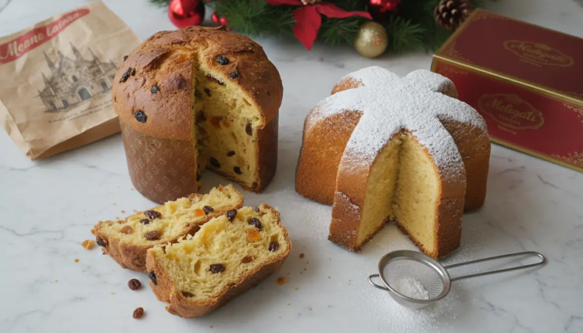 Traditional Milan panettone and Verona pandoro displaying distinctive shapes and regional Italian Christmas cake characteristics