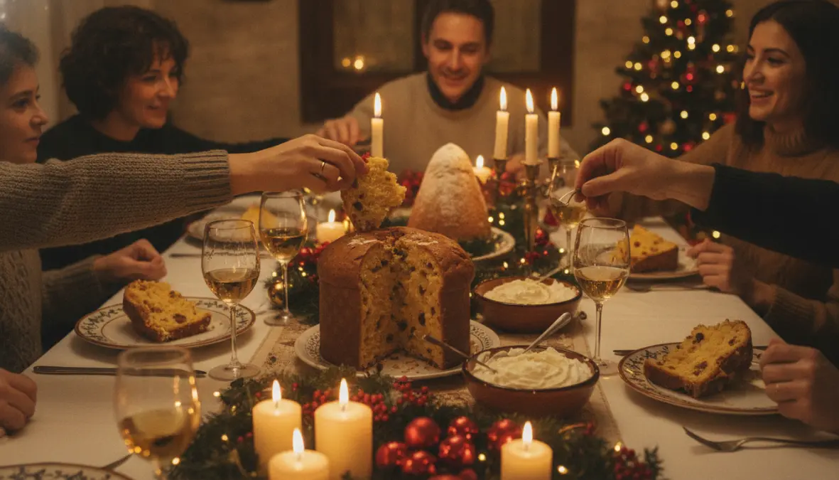 Italian Christmas celebration featuring panettone and pandoro served traditionally with wine and mascarpone cream