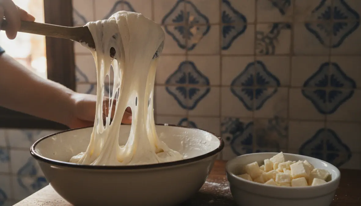 Traditional pao de queijo preparation showing tapioca starch dough and authentic Brazilian ingredients including queijo minas cheese