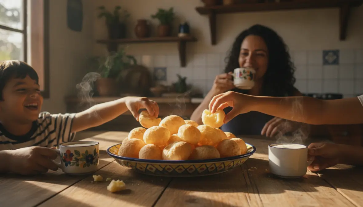 Pao de queijo brazilian tradition served at family breakfast with coffee, showing cultural significance as daily staple