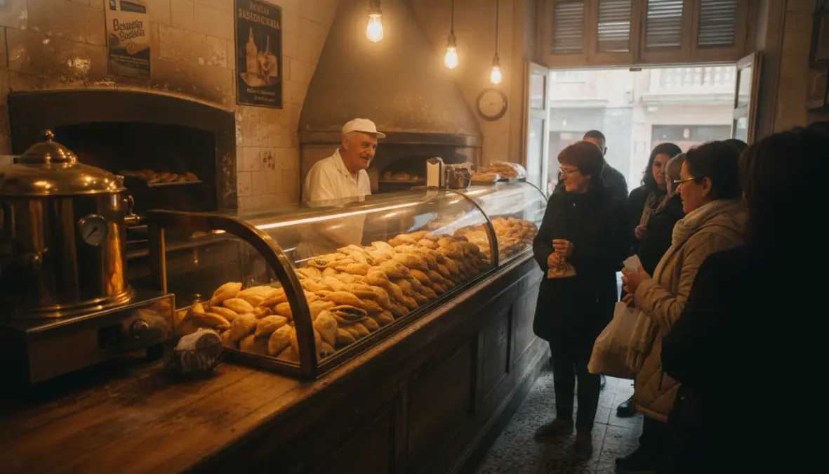 Traditional pastizzeria shop in Malta serving fresh pastizzi street food to locals
