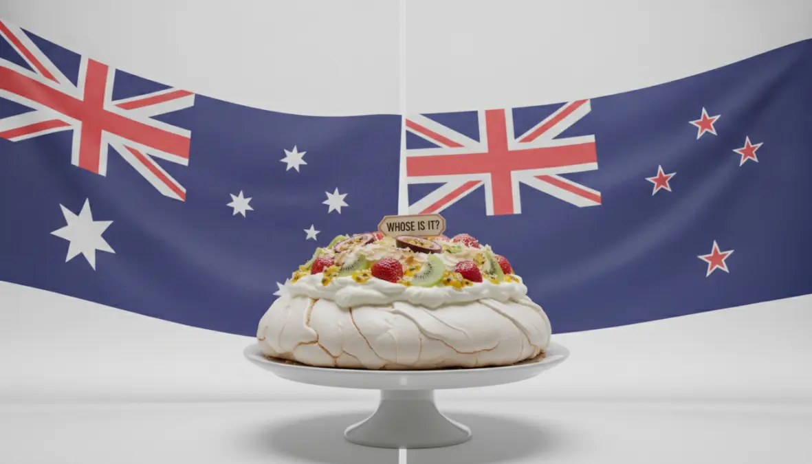 Visual representation of the Australia New Zealand rivalry over pavlova origin with the disputed dessert between both nations' flags
