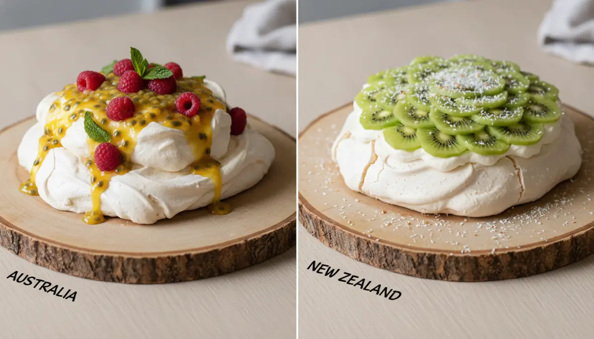 Comparison of Australian and New Zealand pavlova recipes showing traditional toppings from both countries
