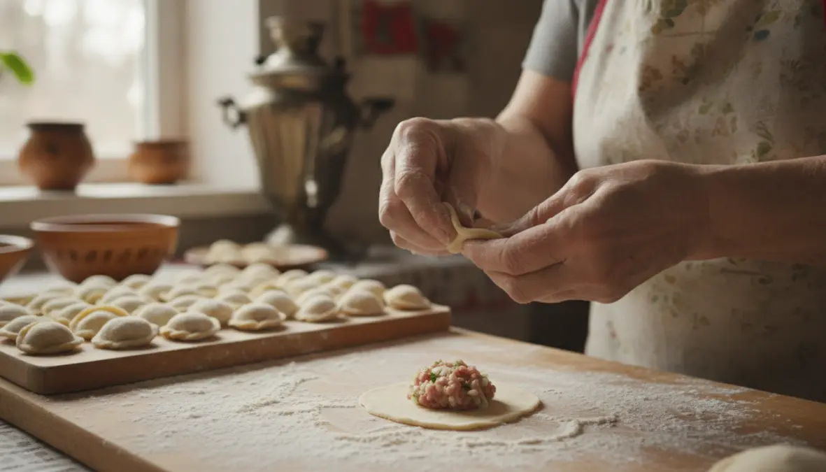 Traditional pelmeni preparation method showing authentic dumpling folding technique