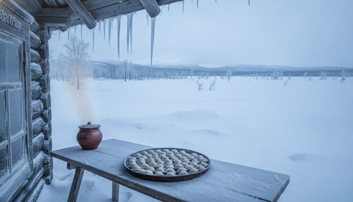 Siberian dumplings frozen naturally outdoors showing traditional pelmeni winter storage method