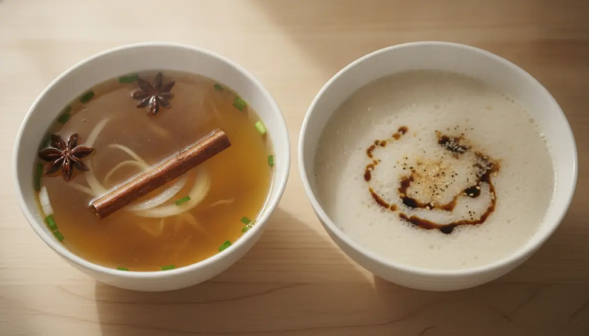 Comparison of pho broth and ramen broth showing clear aromatic versus creamy rich textures