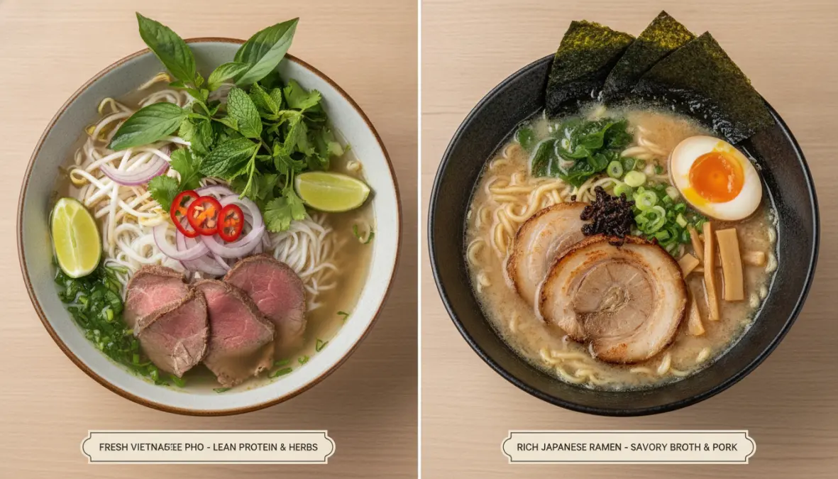 Pho versus ramen nutritional comparison highlighting fresh herbs and lighter ingredients versus richer toppings