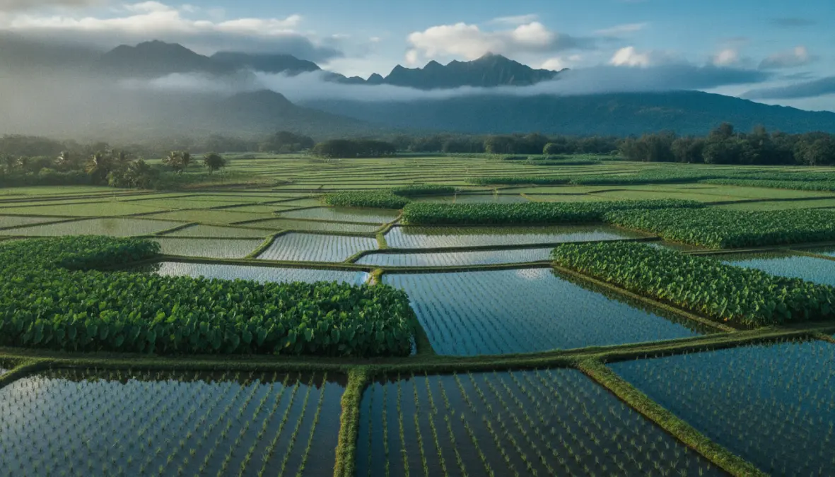 Traditional Hawaiian taro cultivation in loʻi wetland patches showing ancient farming practices