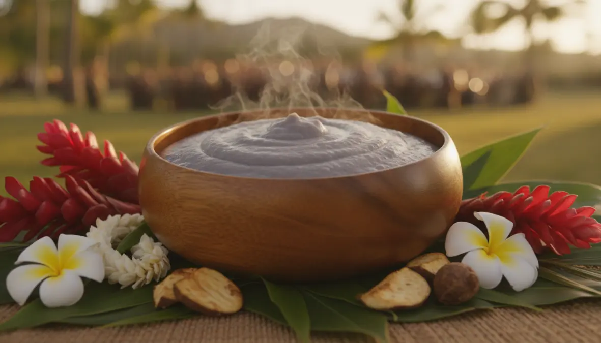 Bowl of traditional Hawaiian poi taro paste at cultural luau ceremony gathering