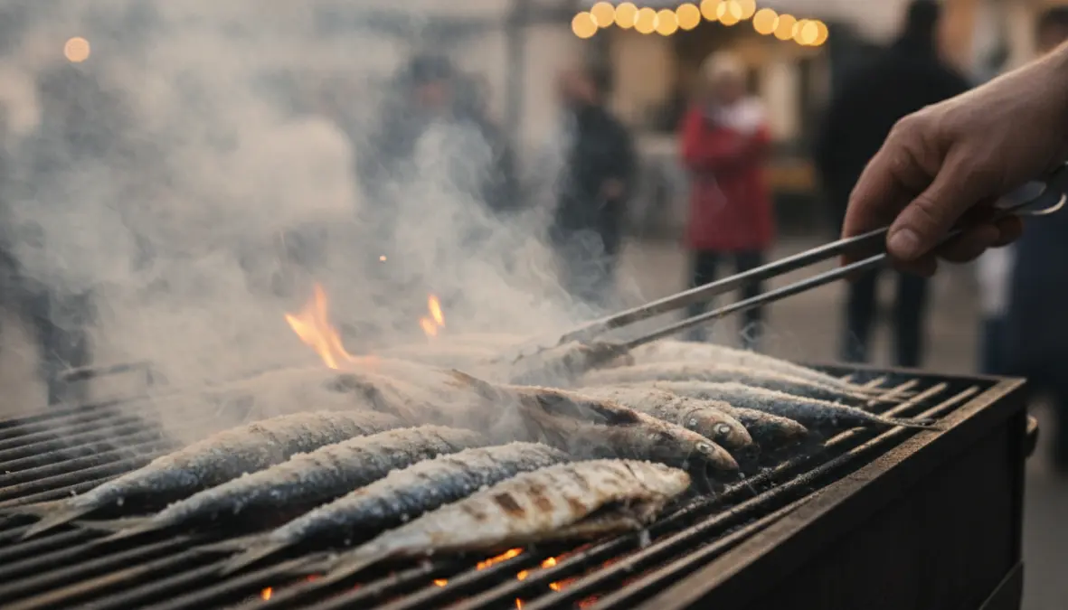 Traditional charcoal grilled sardines being prepared during Portuguese June festivals with coarse sea salt
