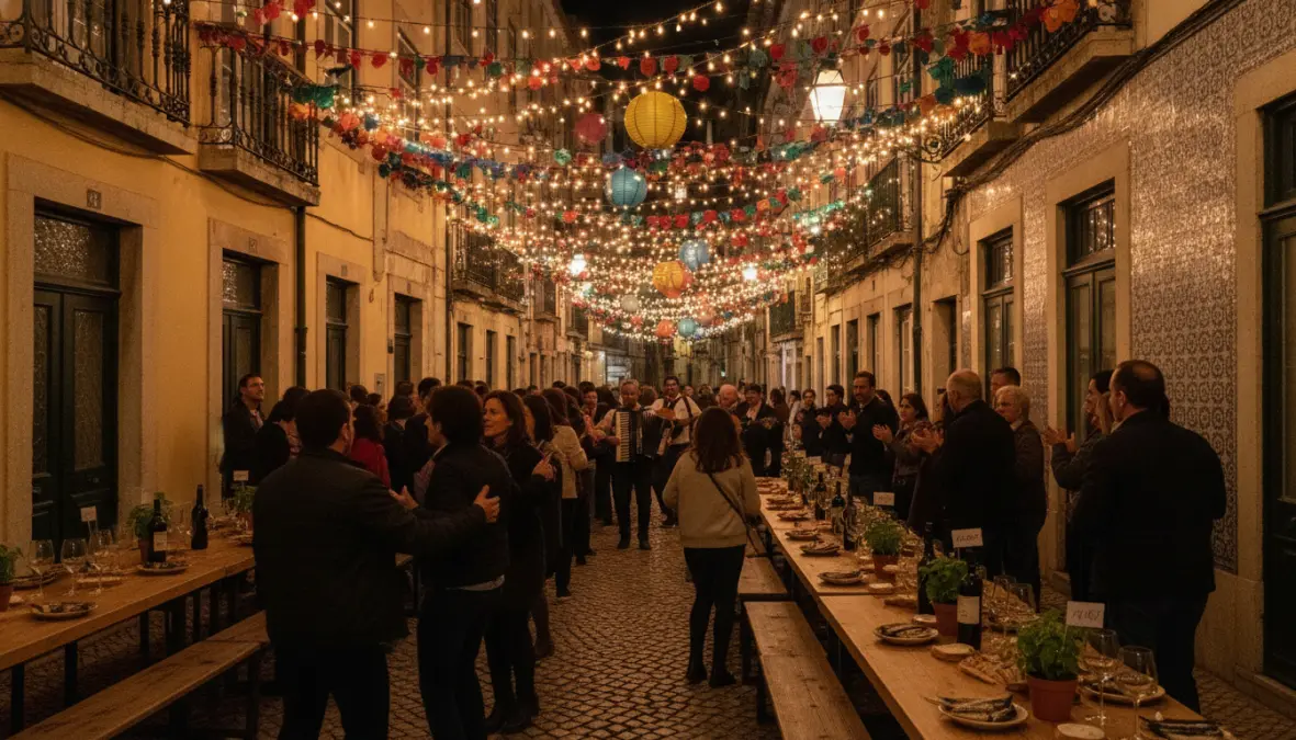 Street party in Lisbon's Alfama neighborhood during festa de Santo António with traditional decorations and community celebrations