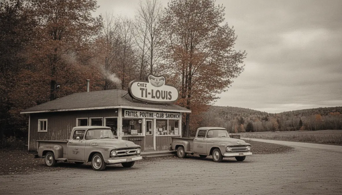 Historic 1950s Quebec casse-croûte diner where poutine tradition originated in working-class culture