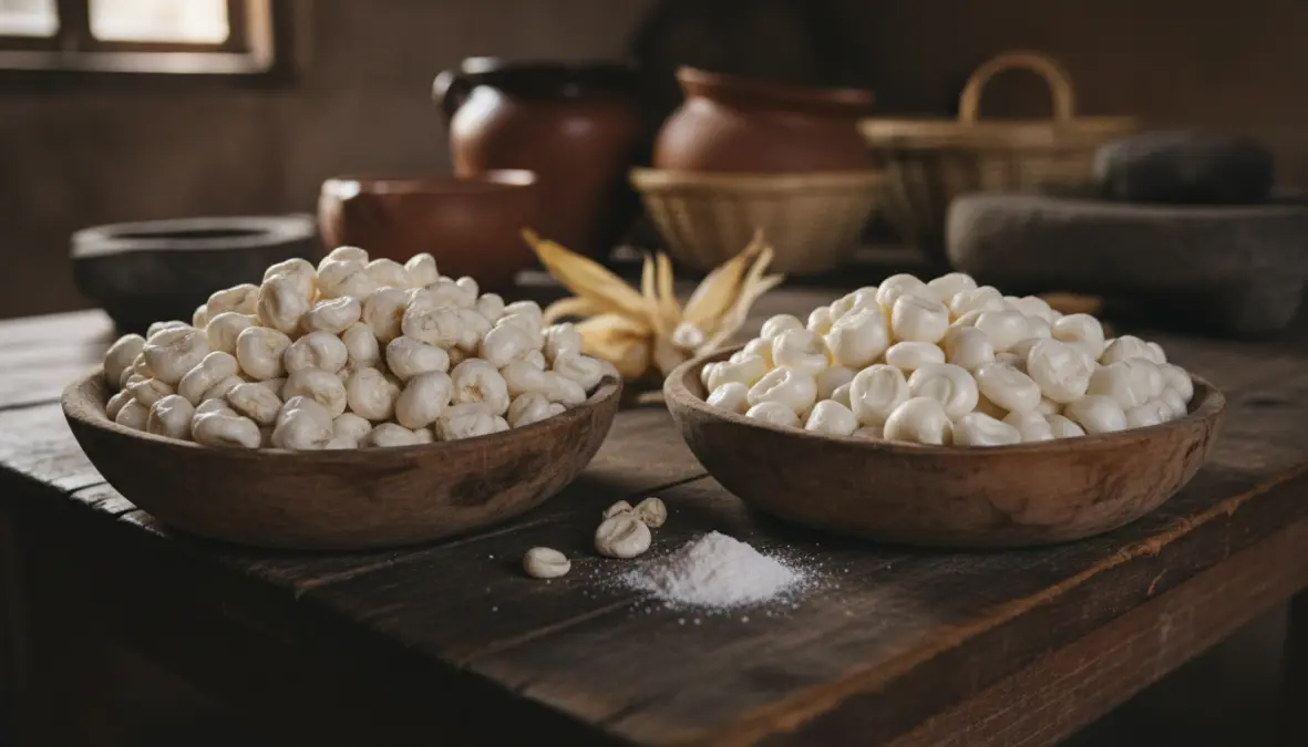 Cacahuazintle corn and hominy showing traditional nixtamalization process in pozole history