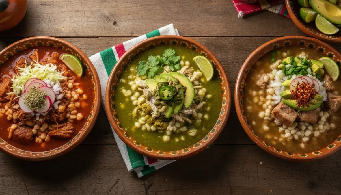 Three types of pozole - rojo verde blanco - showing regional mexican stew traditions