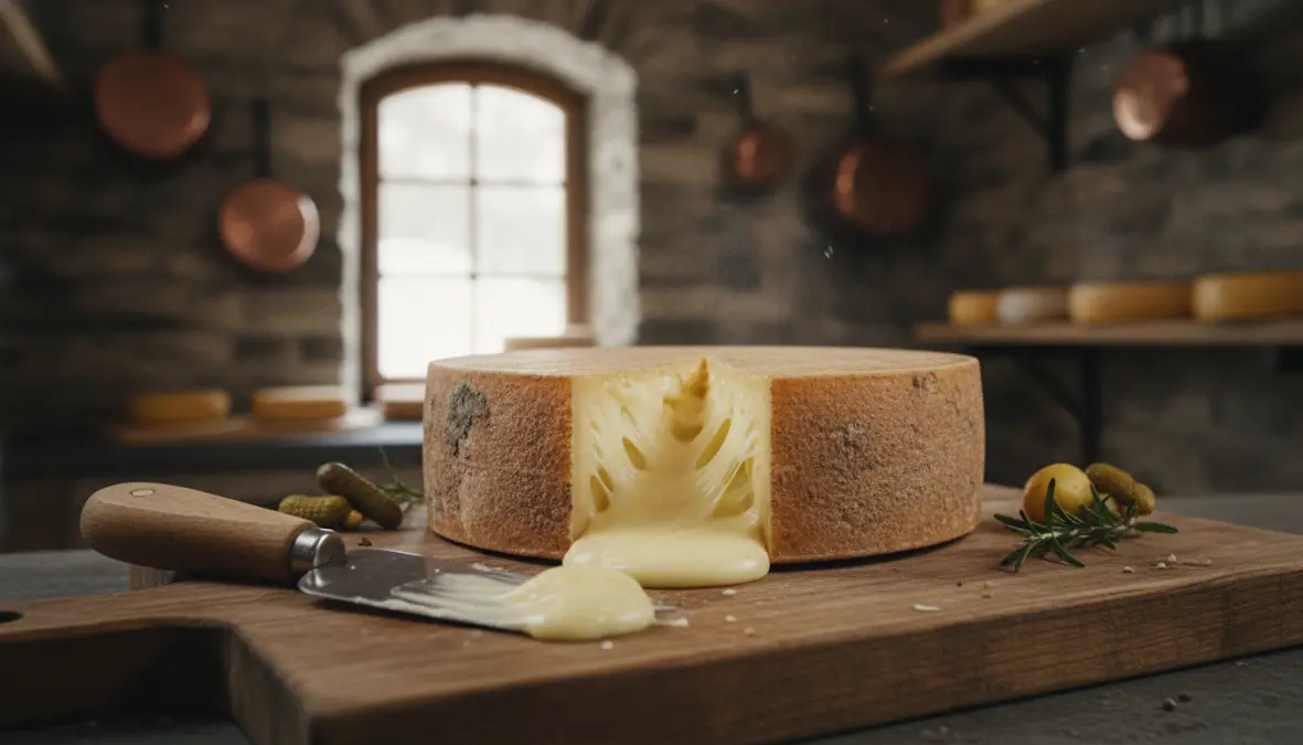 Traditional raclette cheese wheel from Valais showing authentic Swiss alpine cheese craftsmanship