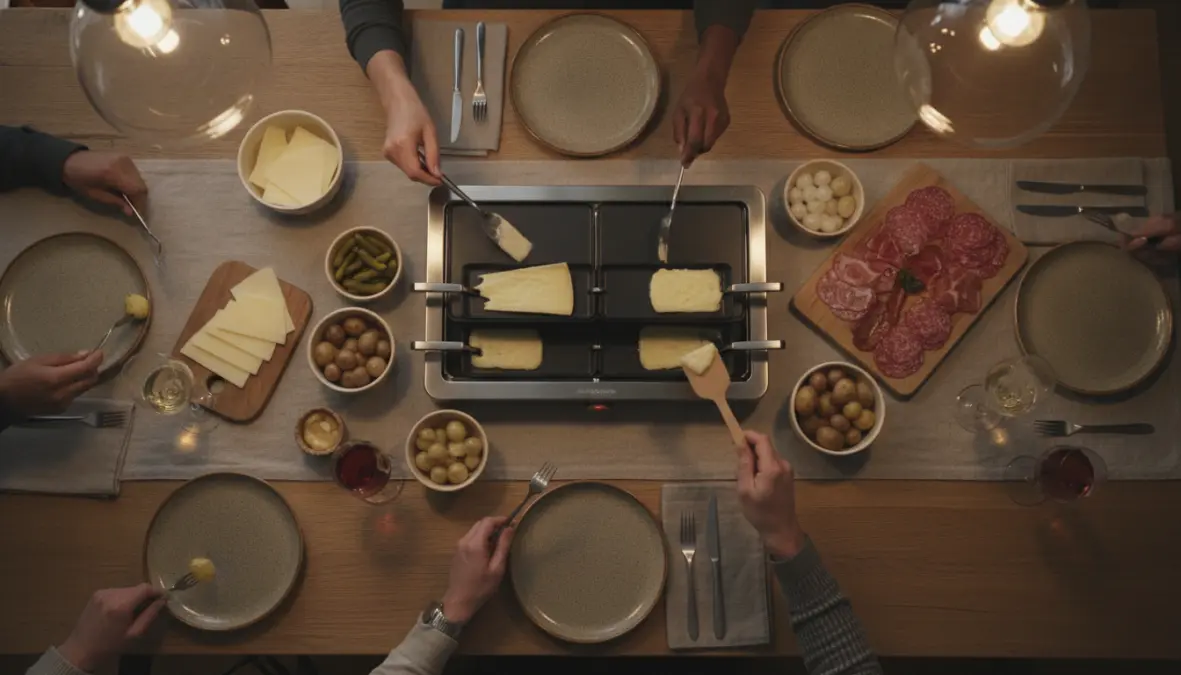 Communal raclette dinner party with modern grill and traditional Swiss accompaniments
