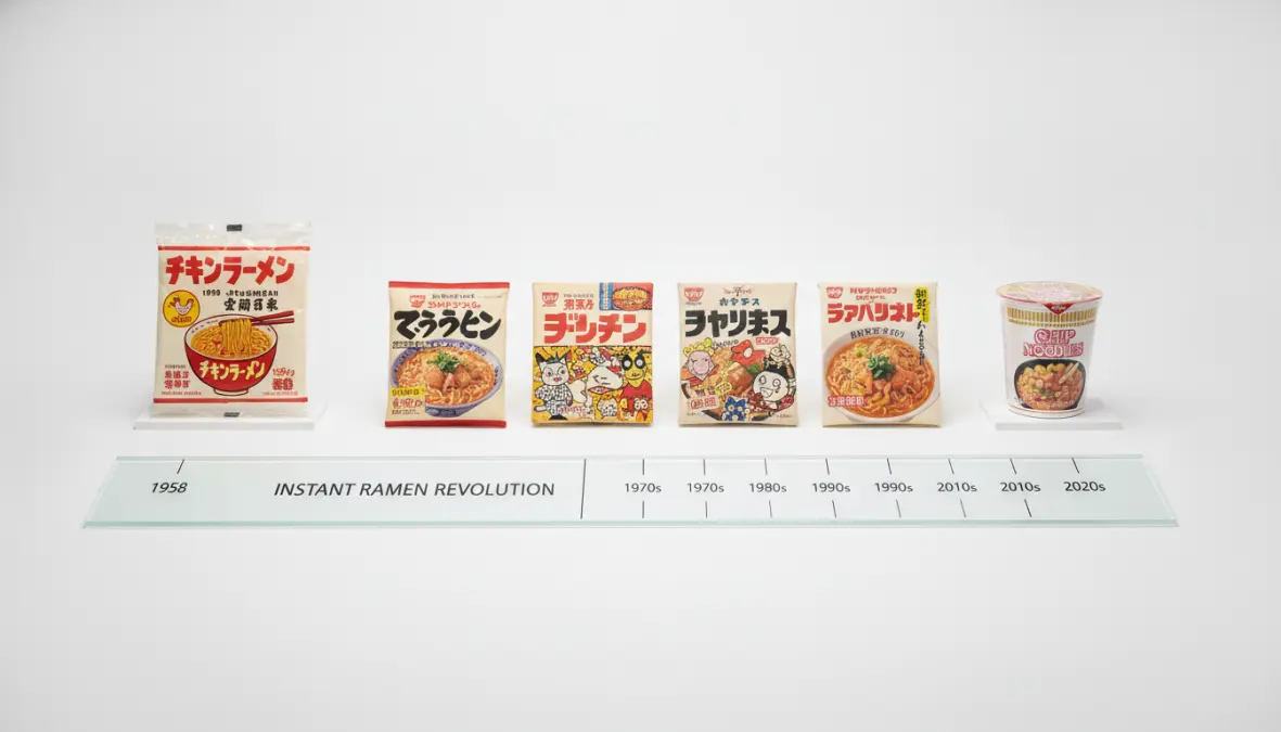 Momofuku Ando instant ramen products showing Japanese instant noodles history and evolution