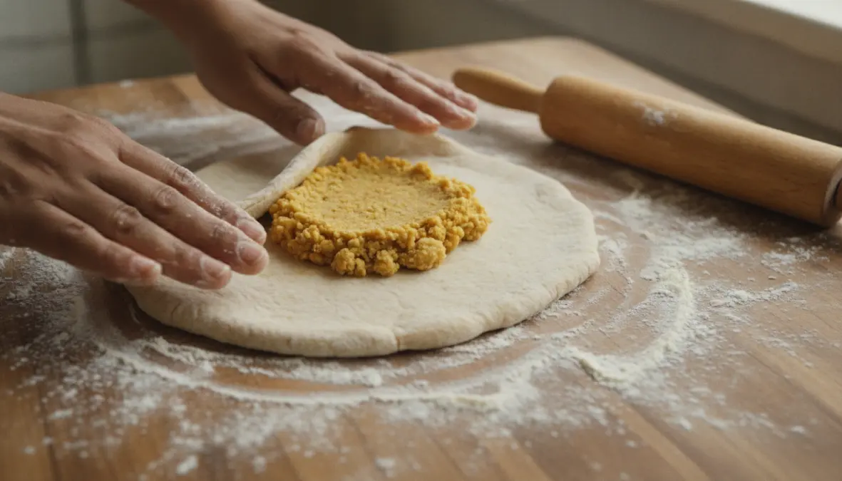 Traditional Caribbean roti making process showing dhalpuri preparation with dal filling