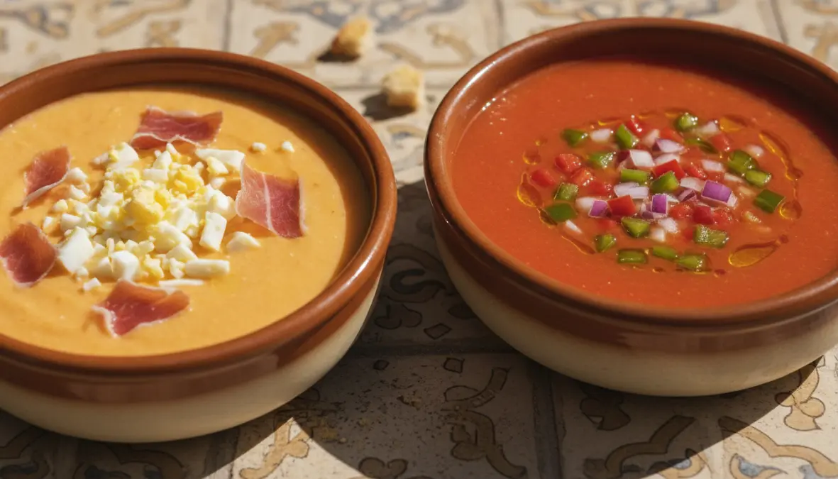 Visual comparison of salmorejo and gazpacho showing texture differences between Andalusian cold soups