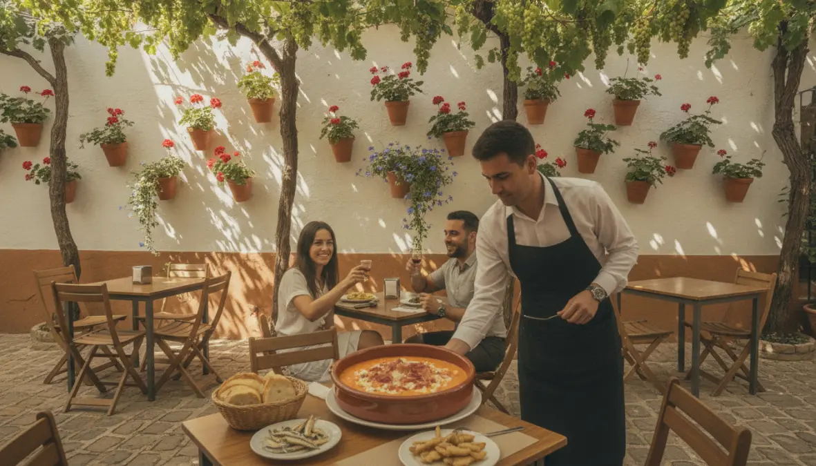 Salmorejo served at traditional Córdoba tapas bar in Andalusian summer setting