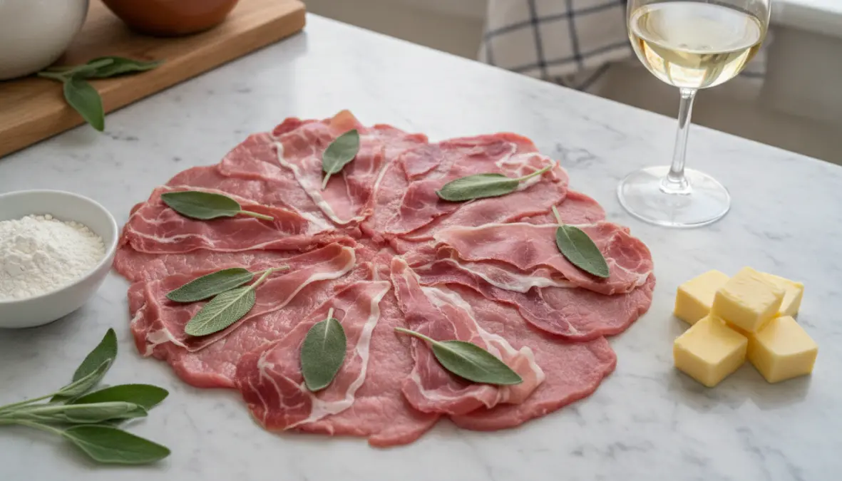 Essential ingredients for authentic saltimbocca alla romana recipe including veal, prosciutto, and fresh sage