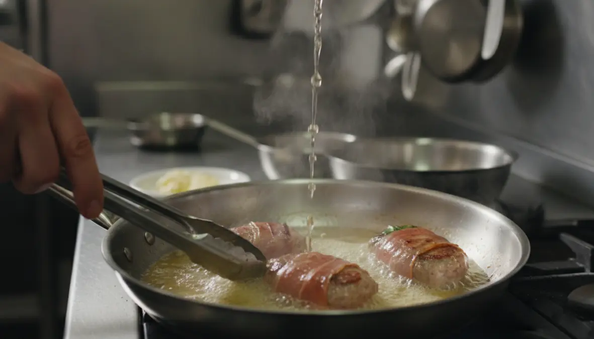 Traditional pan-frying technique for saltimbocca romana showing the authentic Roman cooking method