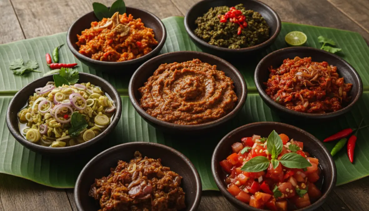 Different sambal varieties regional styles from across Indonesia displayed in traditional bowls