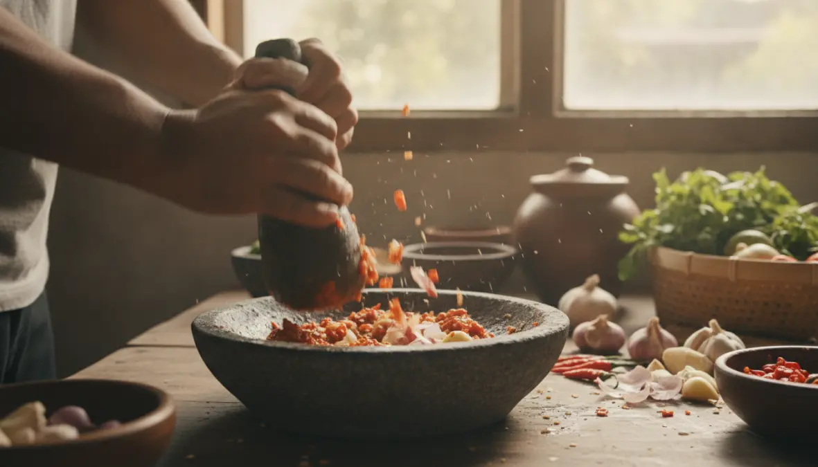 Traditional sambal making technique using mortar and pestle to grind Indonesian chili paste