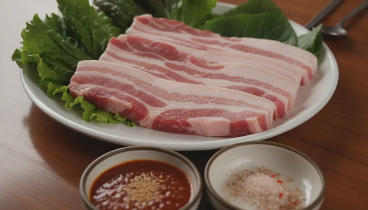 Raw samgyeopsal korean pork belly showing three layers with traditional ssam wraps and sauces